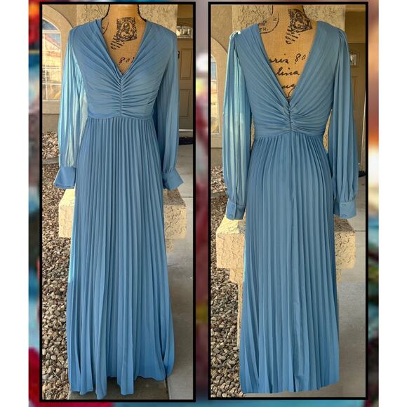 Lulus Slate Blue Pleated Long Sleeve Sophisticated Grace Maxi Dress Size S - Picture 6 of 10